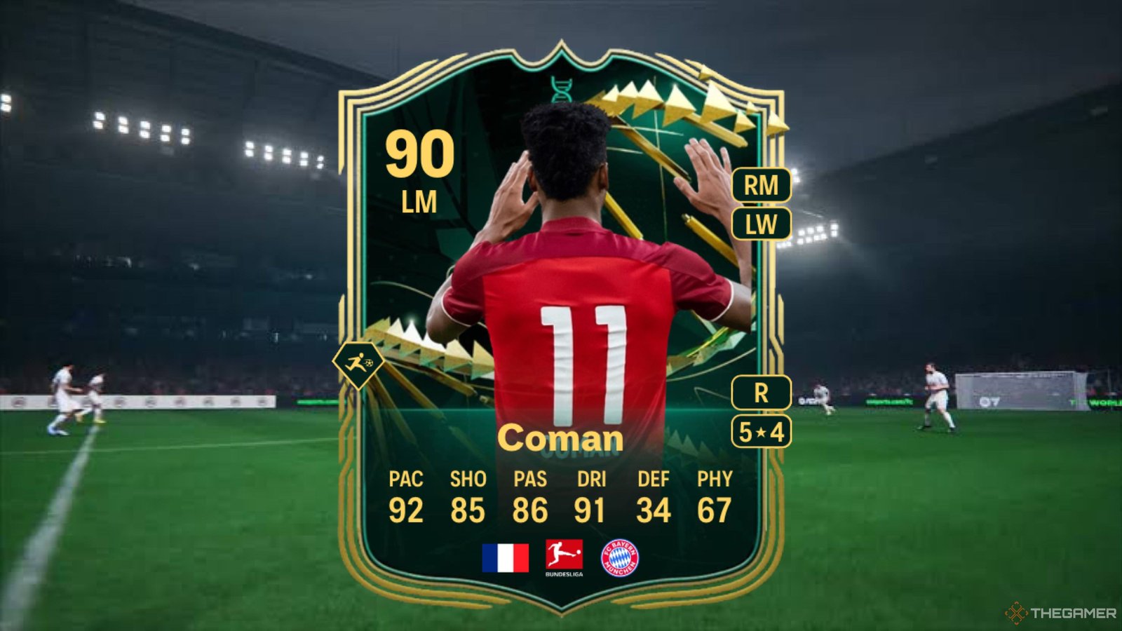 Image showing Coman card against a faded pitch background.
