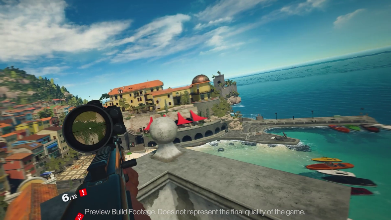 Agent 47 aims a sniper at enemies in Sapienza. 