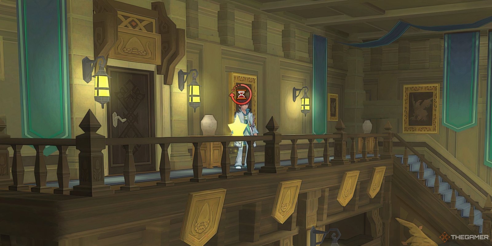 Things We Wish We Knew Before Playing Atelier Yumia 6 Asbel standing outside a room in Lhant Manor with an Hourglass and a Star Event occurring outside them in Tales Of Graces F Remastered.