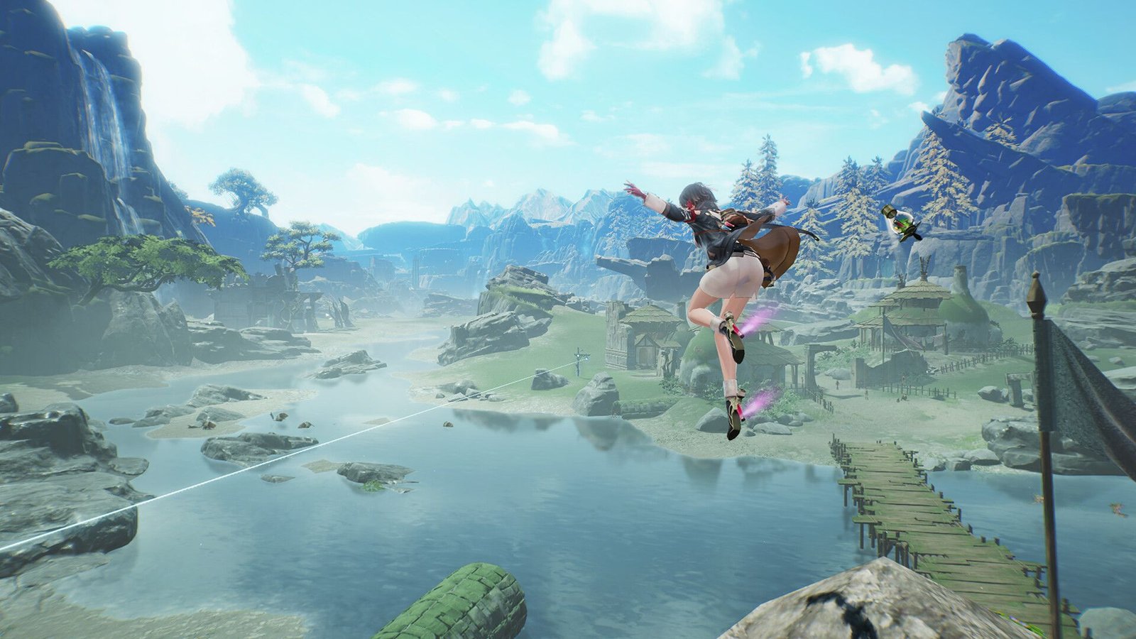 The player jumps into the open world in Atelier Yumia. 