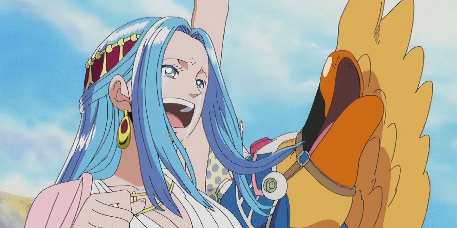 One Piece image of Vivi laughing with her hair blowing in the wind. 