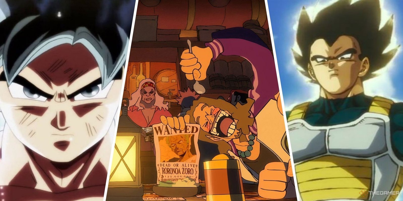 Best Female Characters In One Piece 9 Collague showing Goku, a wanted poster of Zoro, and Vegeta.