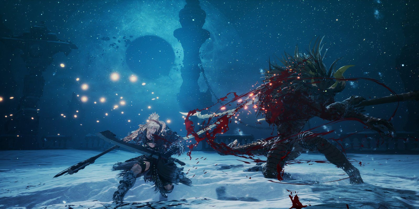khazan fighting a big enemy against a blue backdrop in The First Berserker