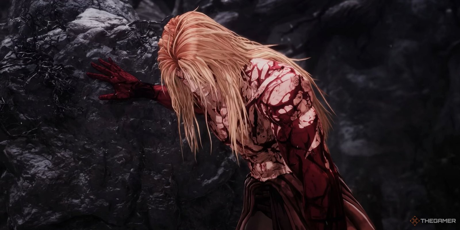 Khazan leaning up against a rock looking defeated in The First Berserker Khazan.