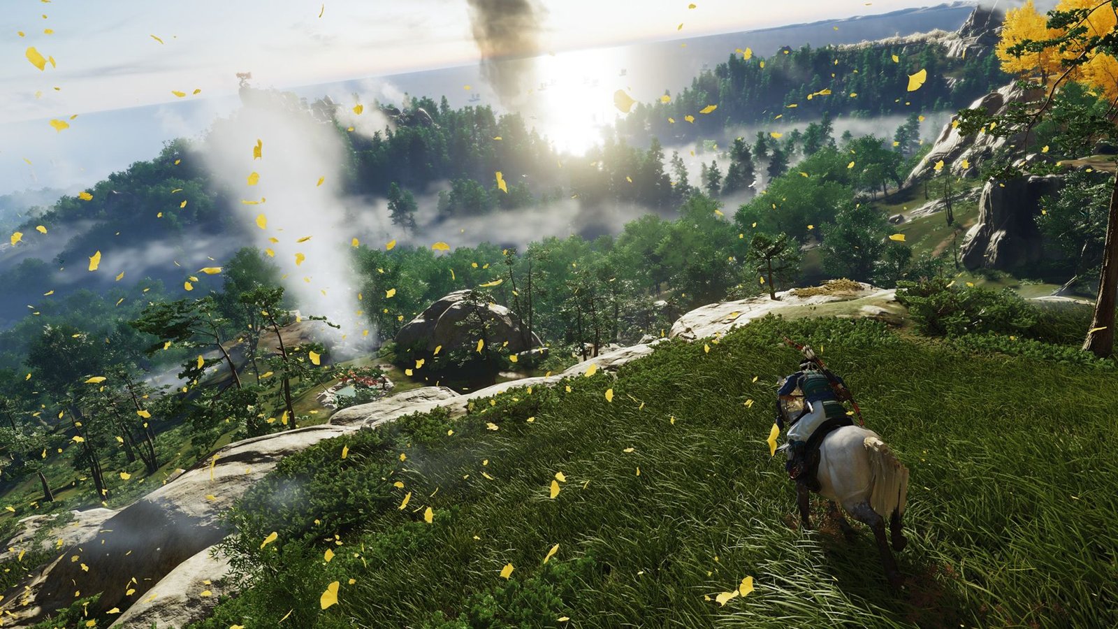 Ghost of Tsushima PS5 screenshot of a vista over a hill.