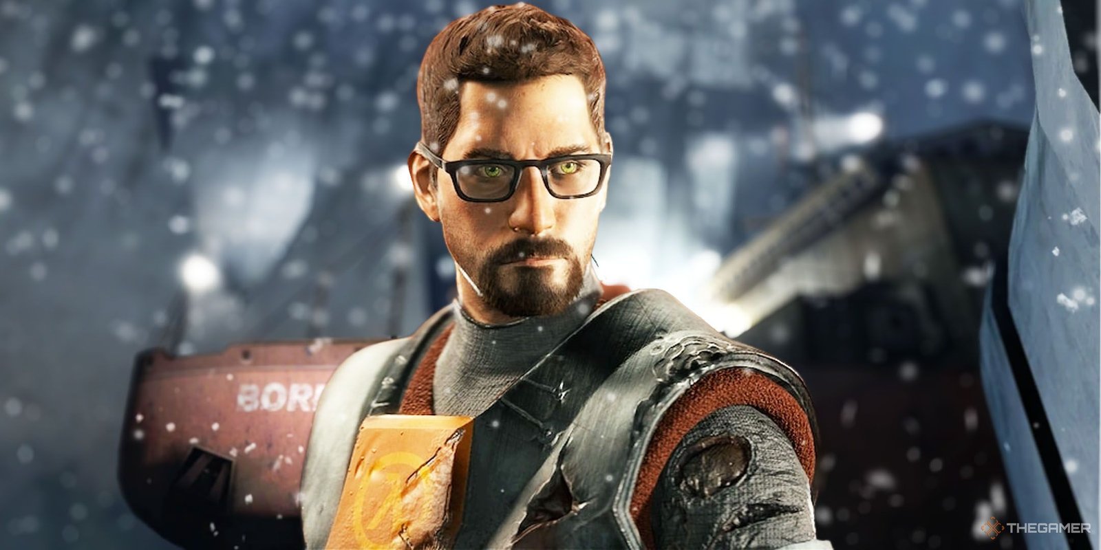 Gordon Freeman from Half-LIfe standing in front of the Borealis.