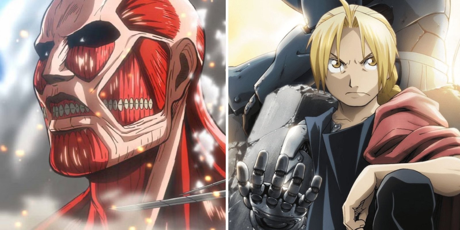 The Best Characters In Bungo Stray Dogs 11 A collage of a titan from Attack On Titan and Edward from Full Metal Alchemist.