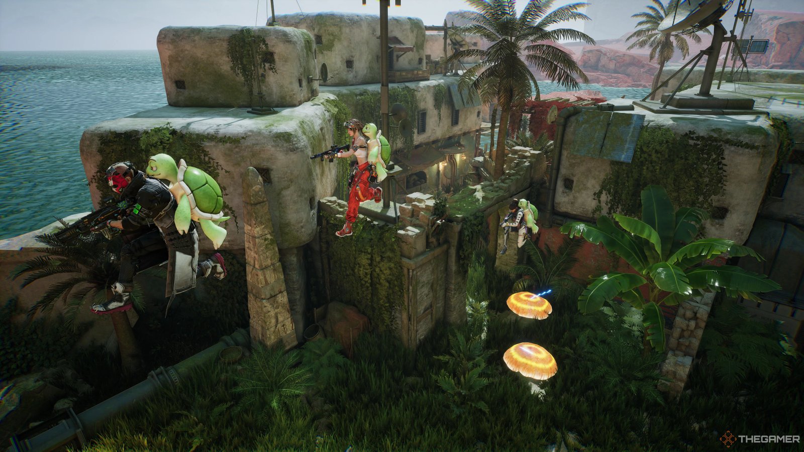 Players bouncing using mushrooms and turtles on their backs in Fragpunk