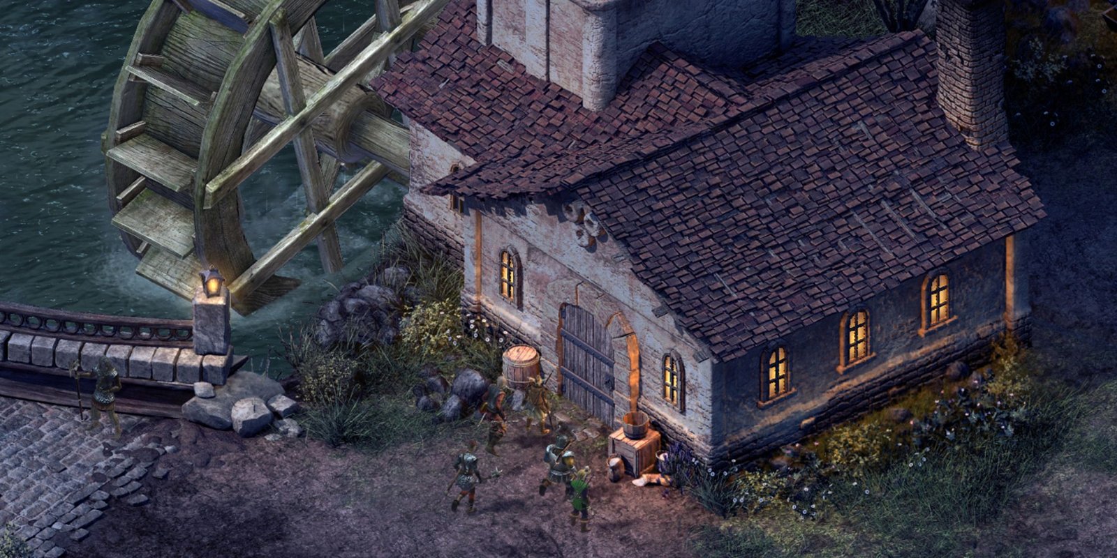 Pillars of Eternity inn with water wheel with characters outside.