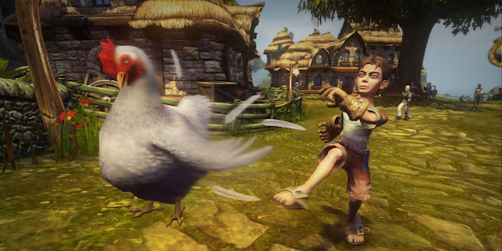 Fable player kicking a chicken in the air.