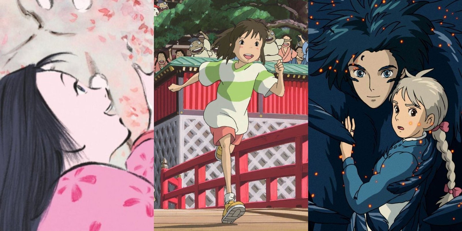 Best Anime OVAs Ever 1 Split images of the Tale of the Princess Kaguya, Spirited Away, and Howl's Moving Castle