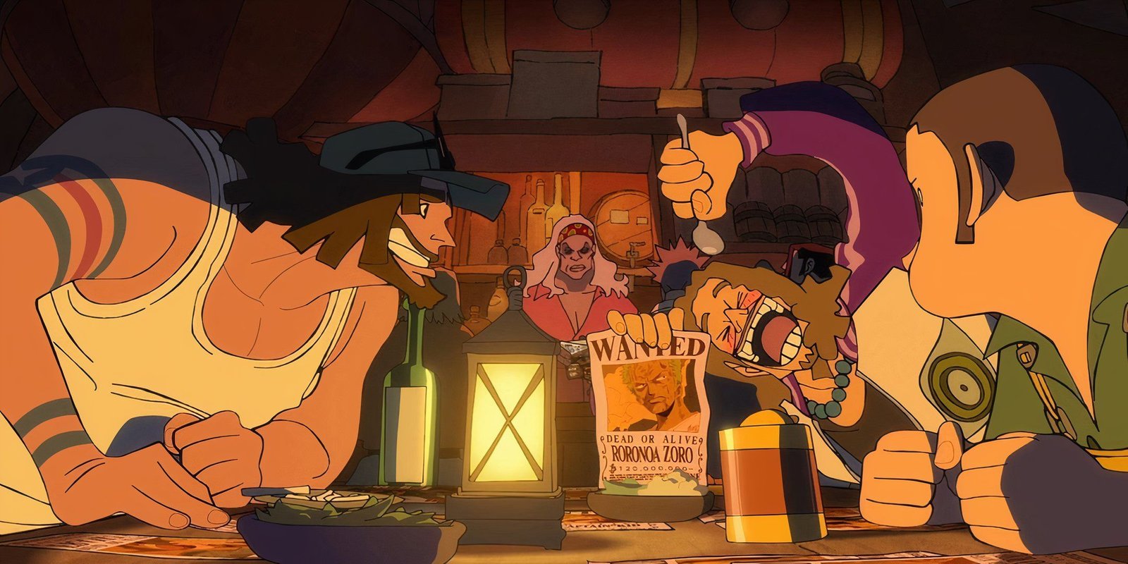 Best Female Characters In One Piece 5 Some random people from One Piece laughing and joking around in a bar while looking at a Zoro poster.