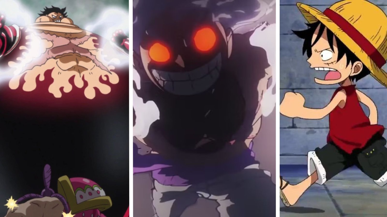 Best Female Characters In One Piece 1 Luffy Forms Header Image with Tankman, Gear 5, and Tiny Luffy.