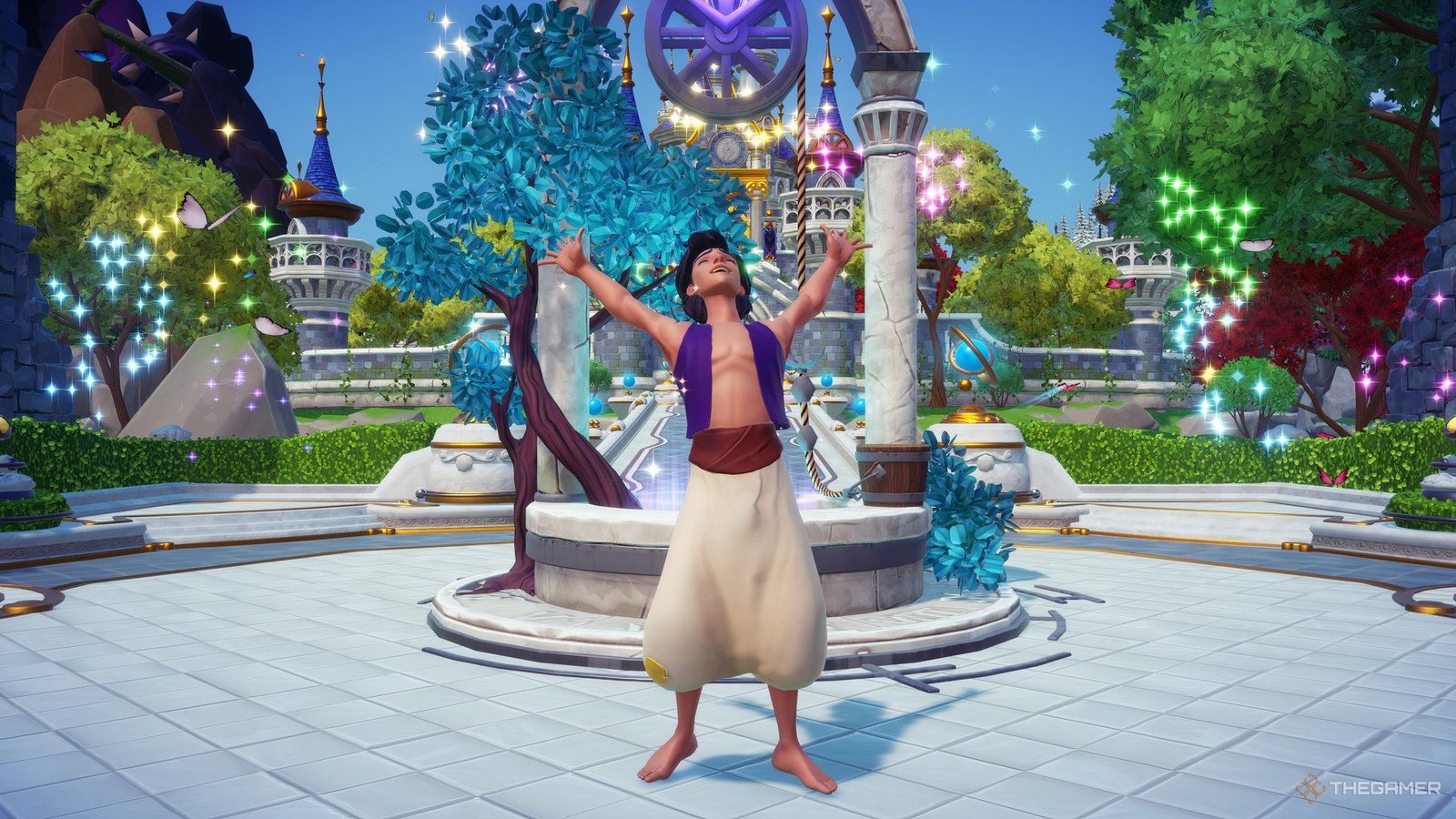 Aladdin celebrating outside the dream castle with fireworks.