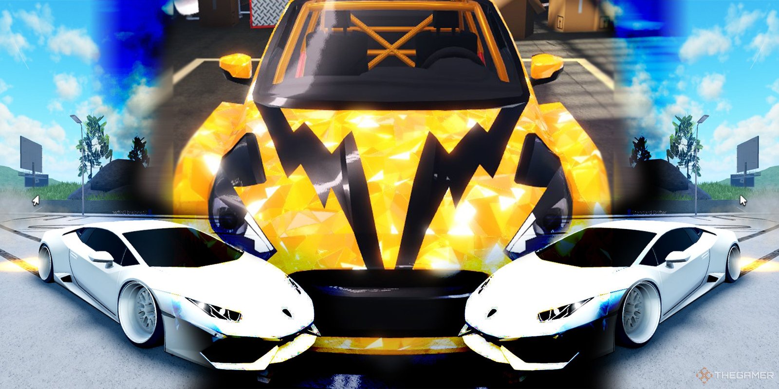 Roblox: Basketball Showdown - Styles Tier List 1 Two white sports car converge with the image of a sparkling gold car from Roblox's various racing games.