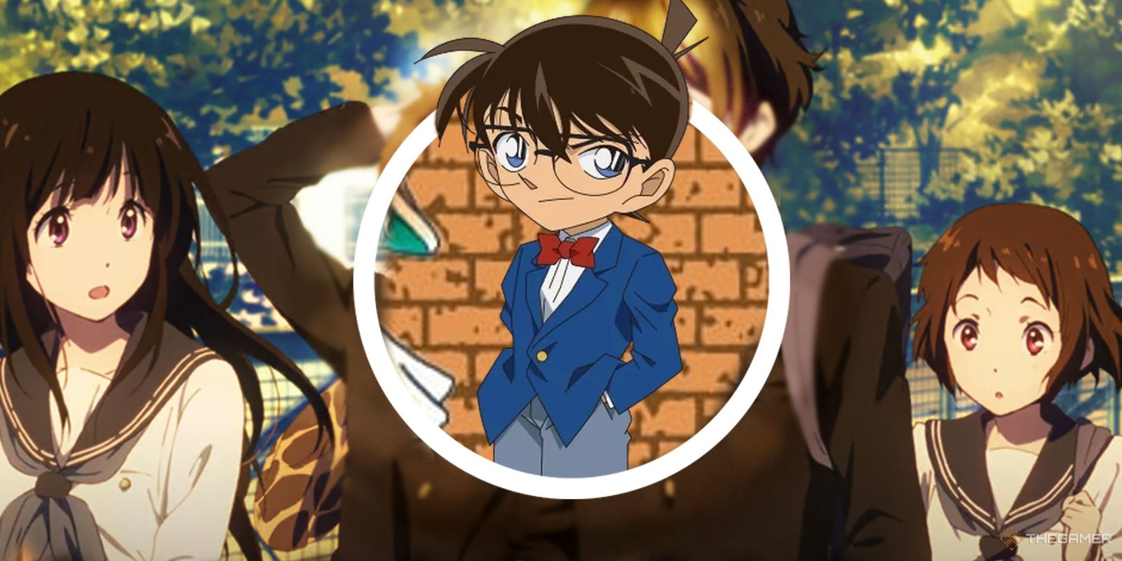 The Best Characters In Bungo Stray Dogs 1 Detective Conan is featured in the center of a circle, with Hyouka's main cast in the background.