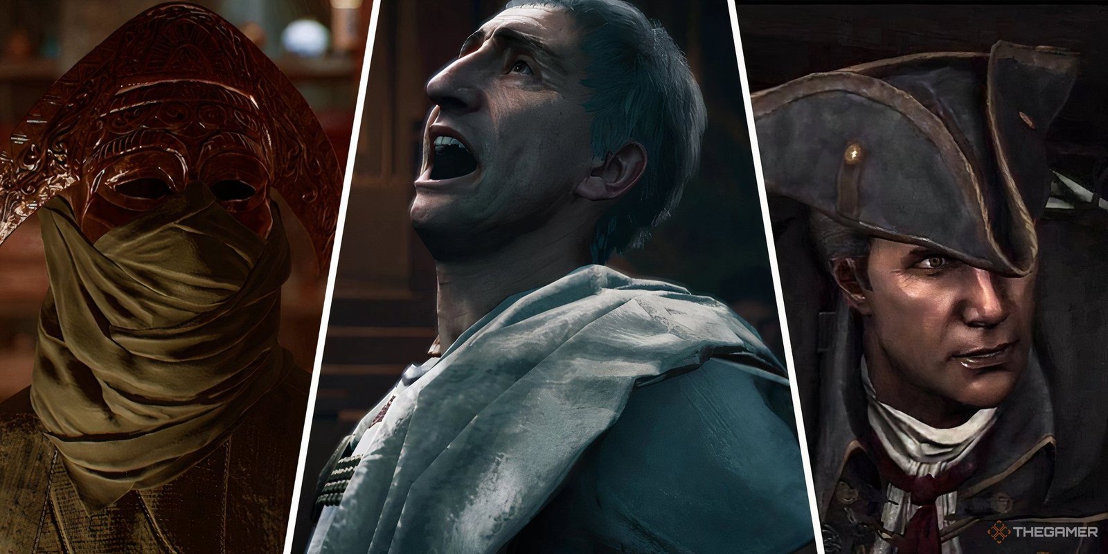 The Best Women Characters In The Assassin's Creed Series 4 Assassin's Creed 10 Best Assassinations In The Franchise New Feature Image With Order Member Ning From AC Mirage, Julius Caeser From AC Origins, And Haytham Kenway From AC3