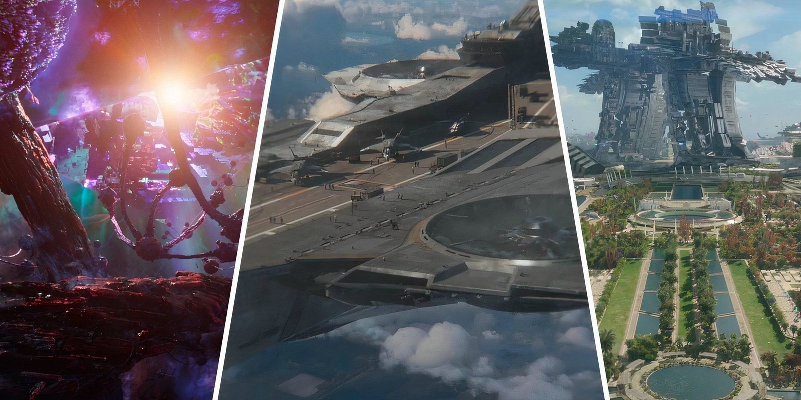 Underrated Characters Who Should Be In Marvel Rivals 12 Three Images Of The Dark Dimension, A S.H.I.E.L.D Helicarrier And The Planet Xandar All From Various Marvel Cinematic Movies Such As, Doctor Strange And Guardians Of The Galaxy.