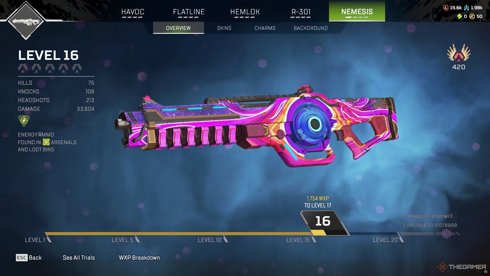The Nemesis, as viewed in the Legend Locker, sporting a galactic skin in Apex Legends.