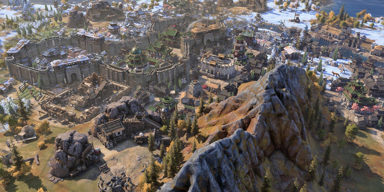 A mountain near a settelment in Civilization 7.