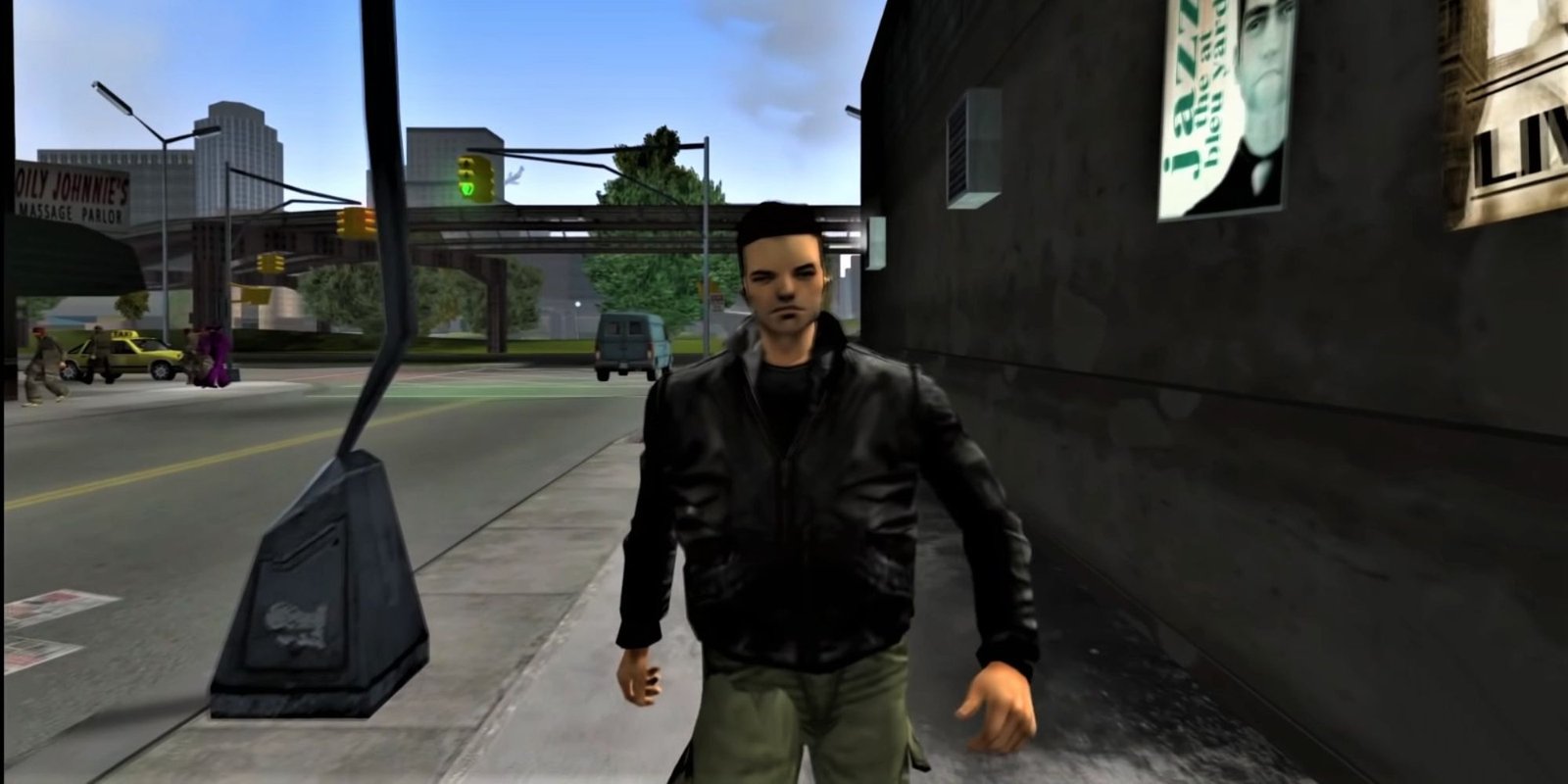 Claude from GTA3 walking in the sidewalk