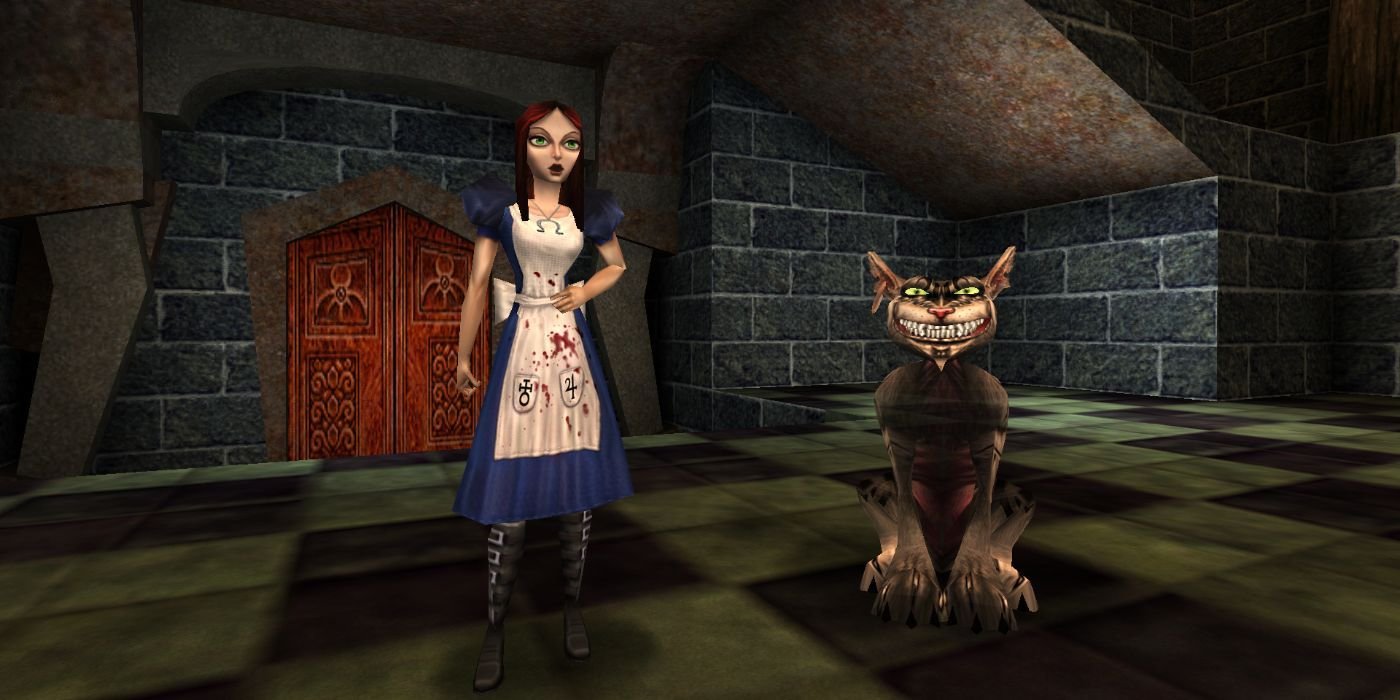 Alice and the Cheshire Cat stand next to each other in American McGee's Alice.