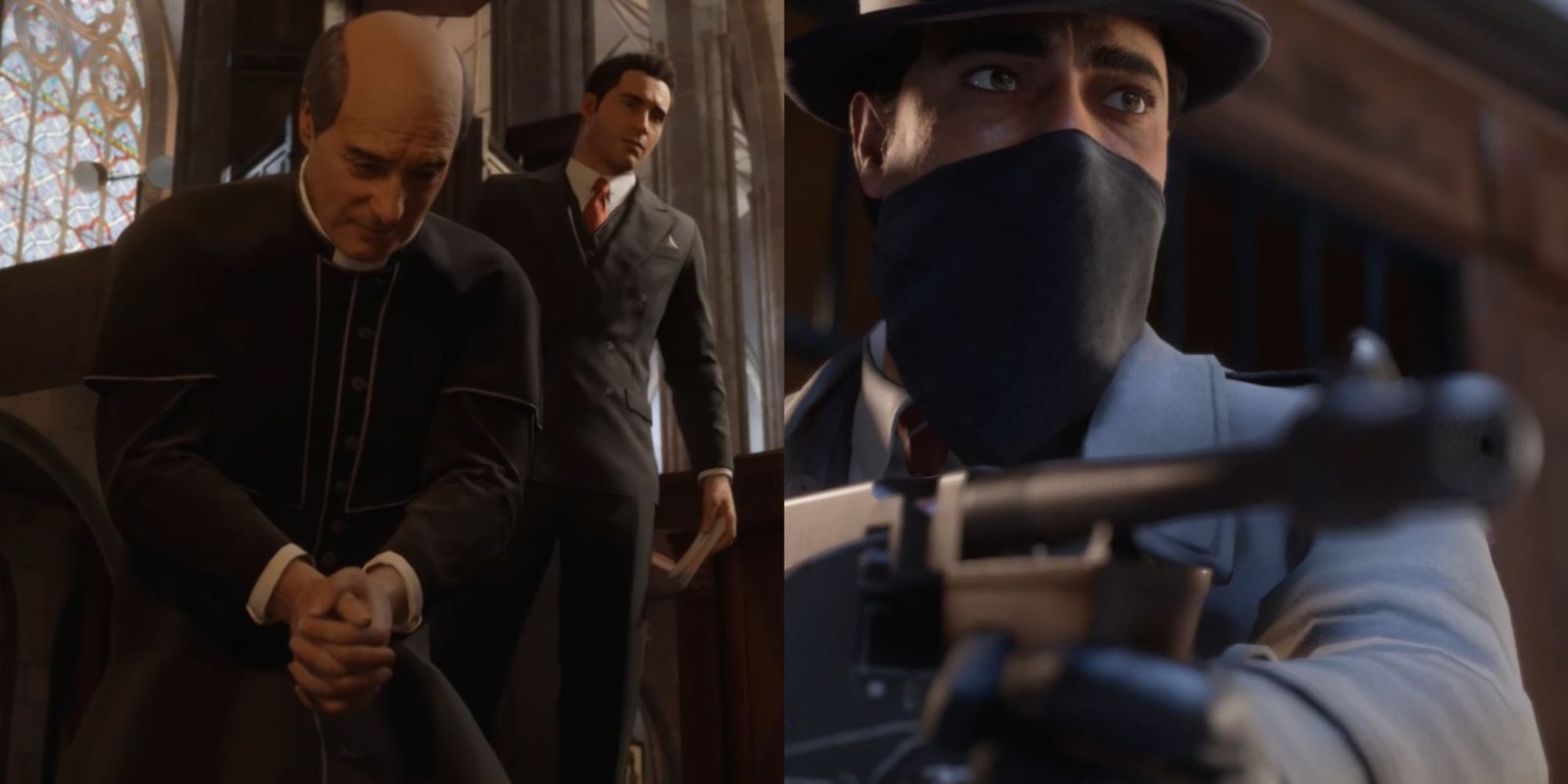 Best PC Games Of The Early 2000s 21 Mafia Best Missions Featured Split Image Tommy Looking Over Priest And Paulie