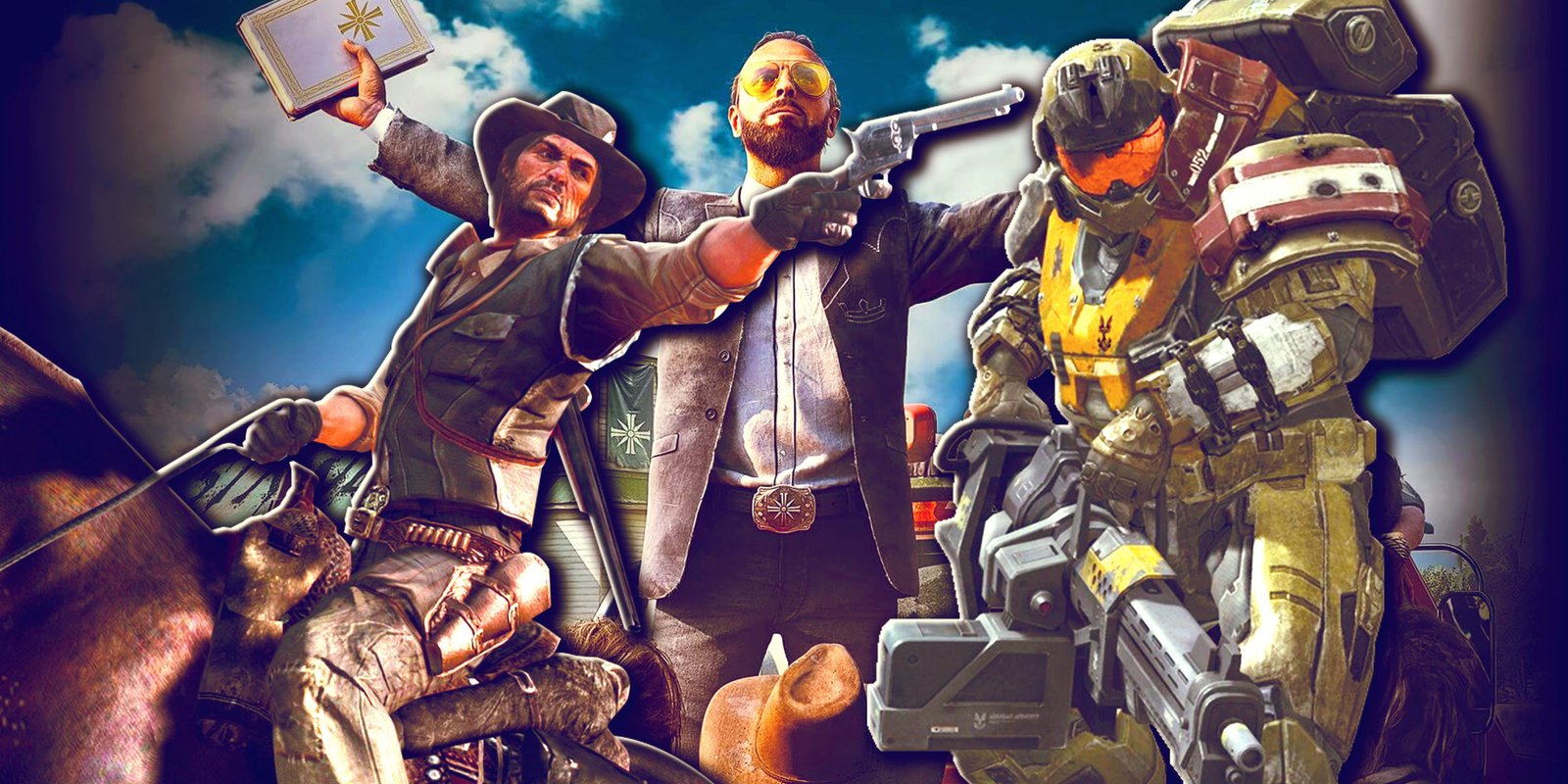 Best PC Games Of The Early 2000s 45 John Marston (RDR), Joseph Seed (Far Cry 5) and Jorge-052 (Halo: Reach) standing next to each other