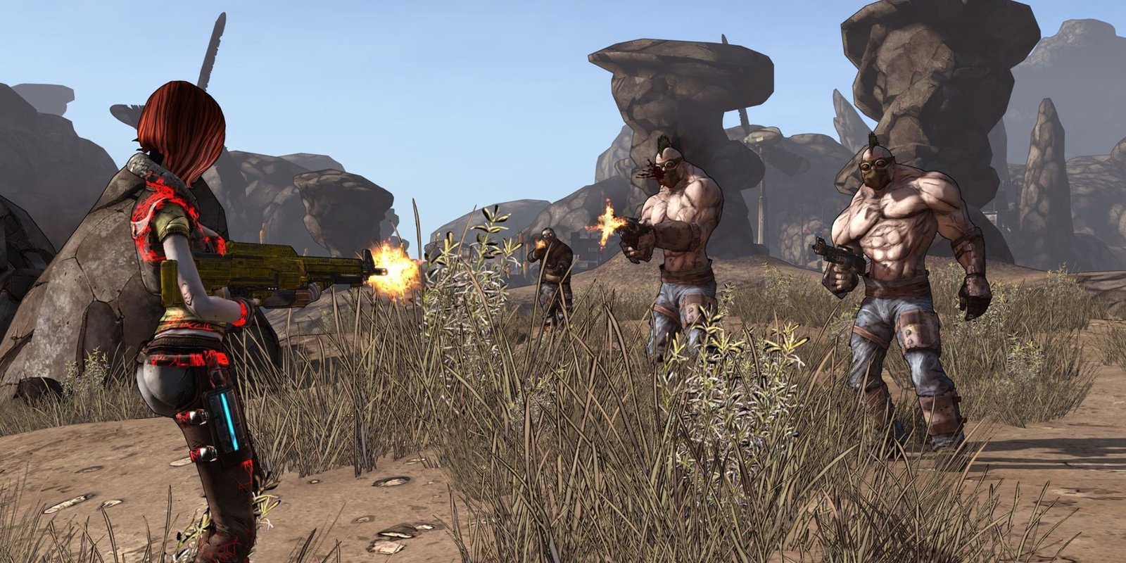 A screenshot from the first Borderlands game, showing a character shooting at enemies.