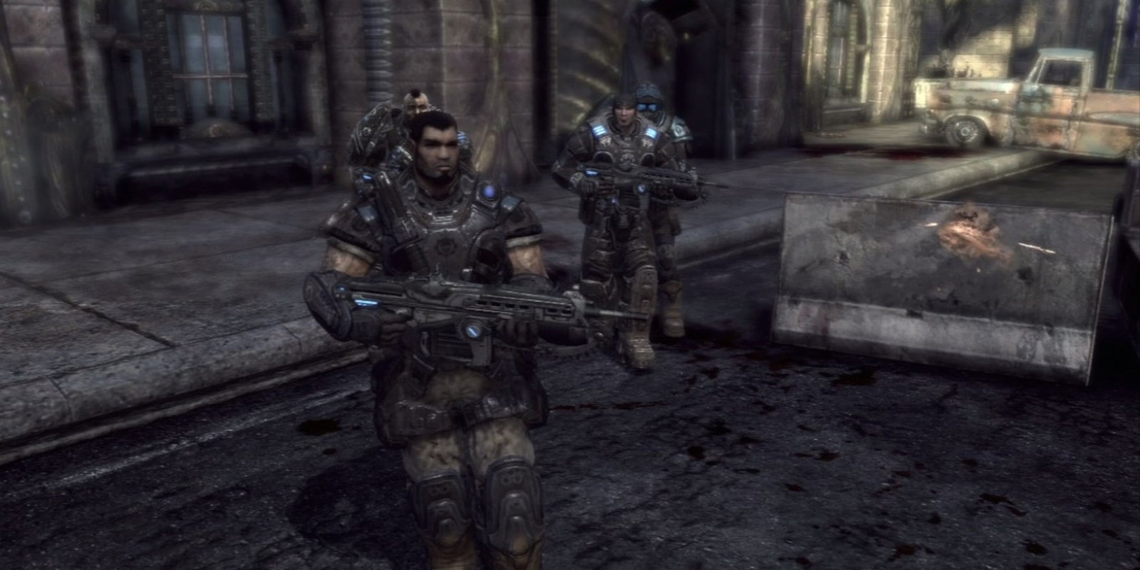 Gears of War 2 screenshot of Dom standing in front of the rest of Delta team.