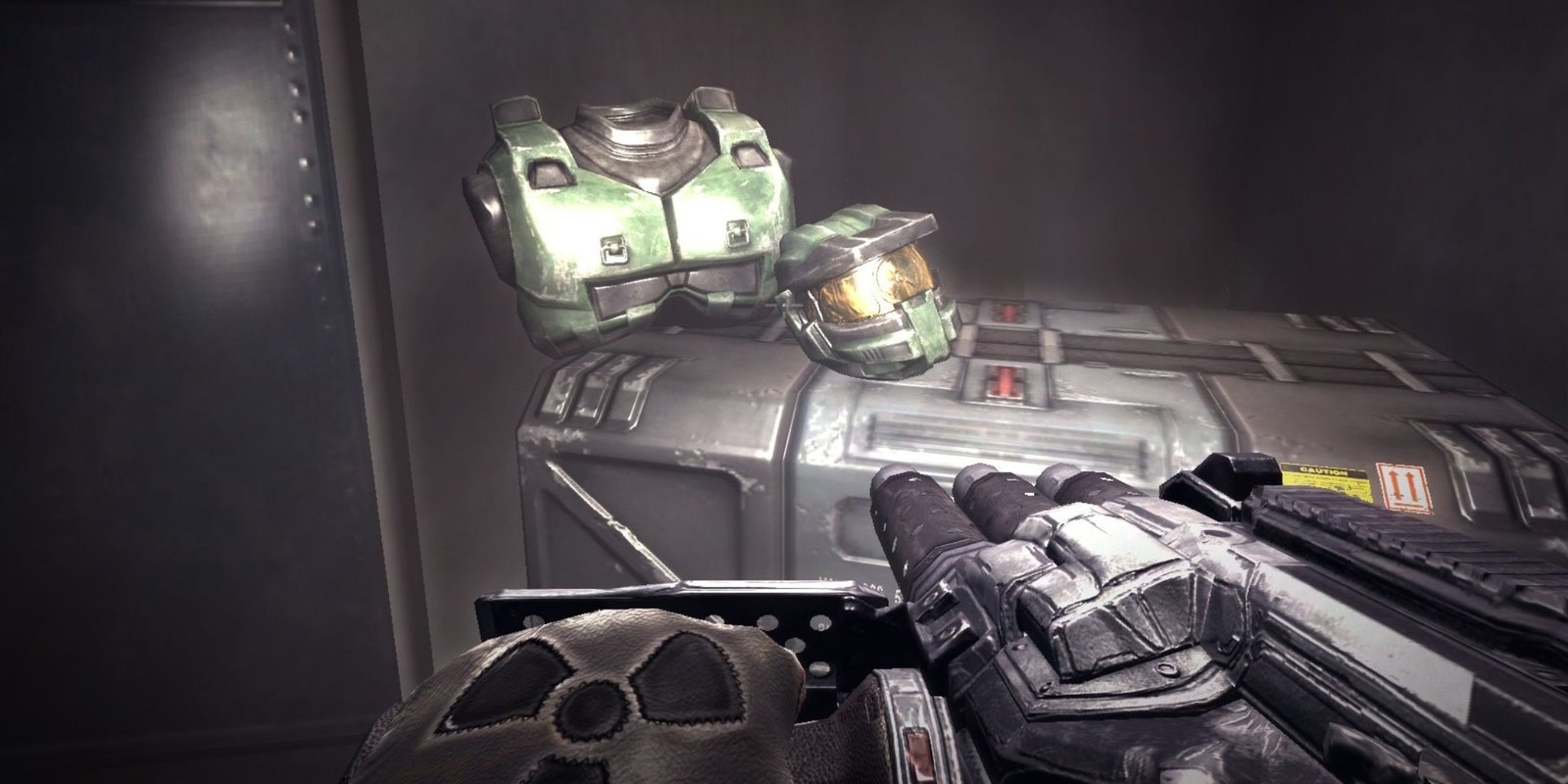 Duke Nukem Forever screenshot of player looking at green power armor.