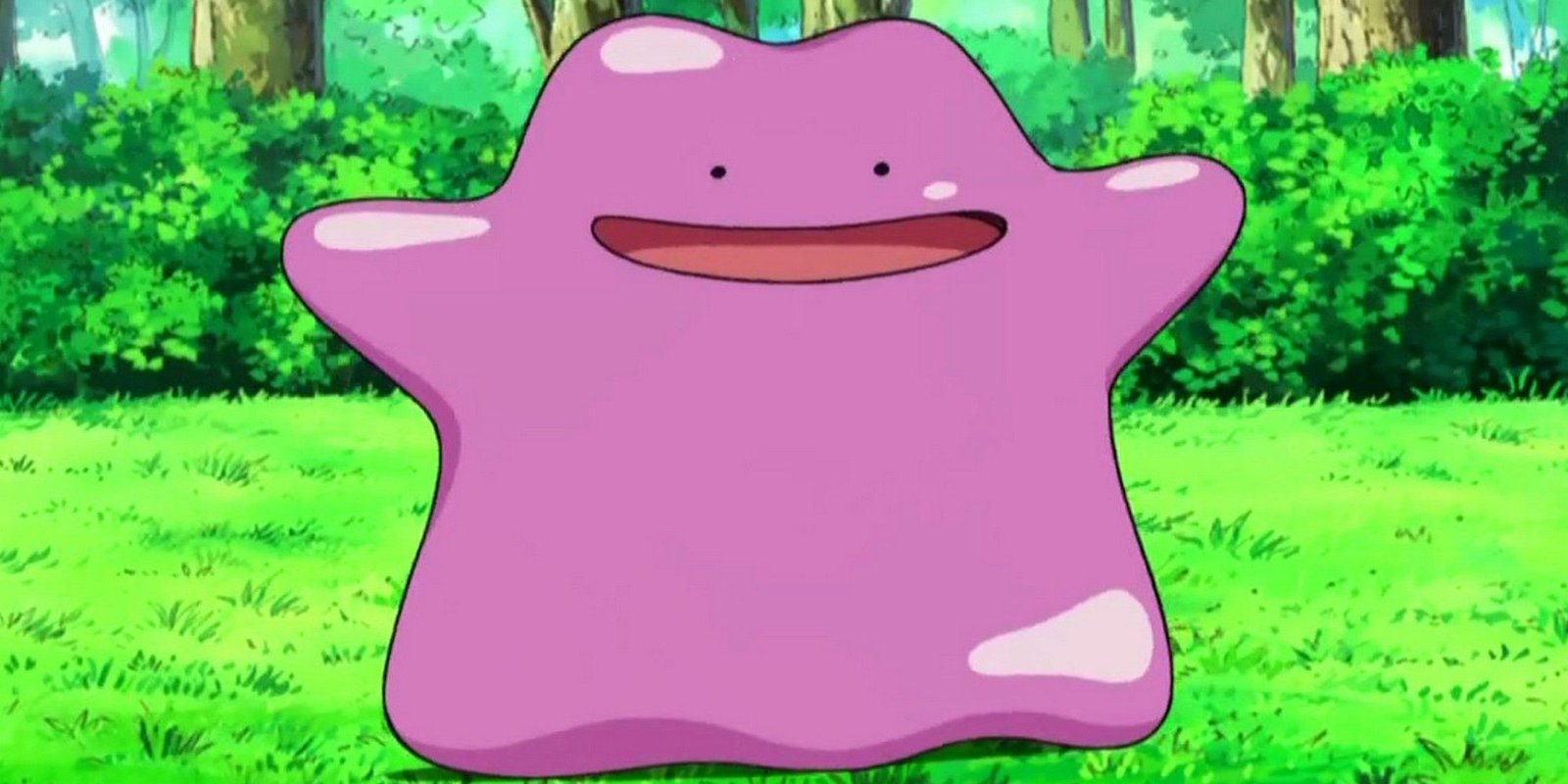 the Pokemon Ditto outdoors in the grass in the Pokemon anime.