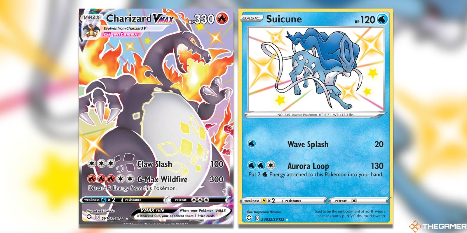 Best Pokemon That Aren't Legendaries 8 The Shining Fates shiny Charizard VMAX and shiny Suicune from the Pokemon TCG.
