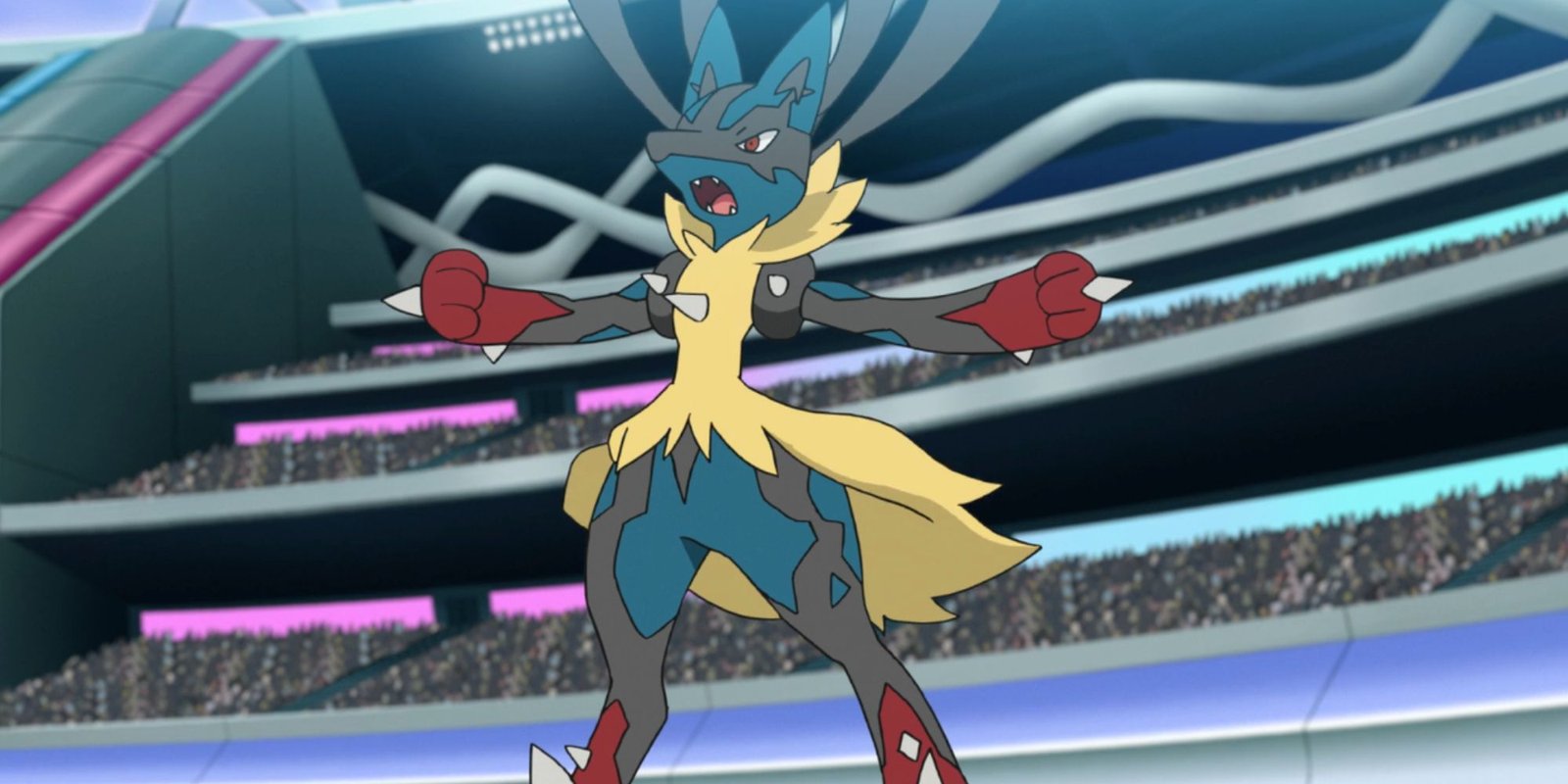 Ash's Lucario Mega Evolves in the Pokemon Journeys anime.