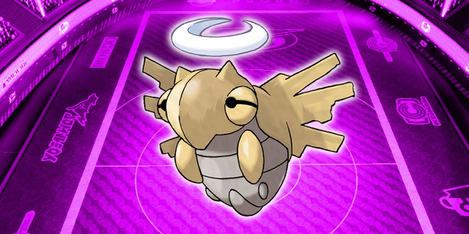 Shedinja with purlple battle stadium in background.