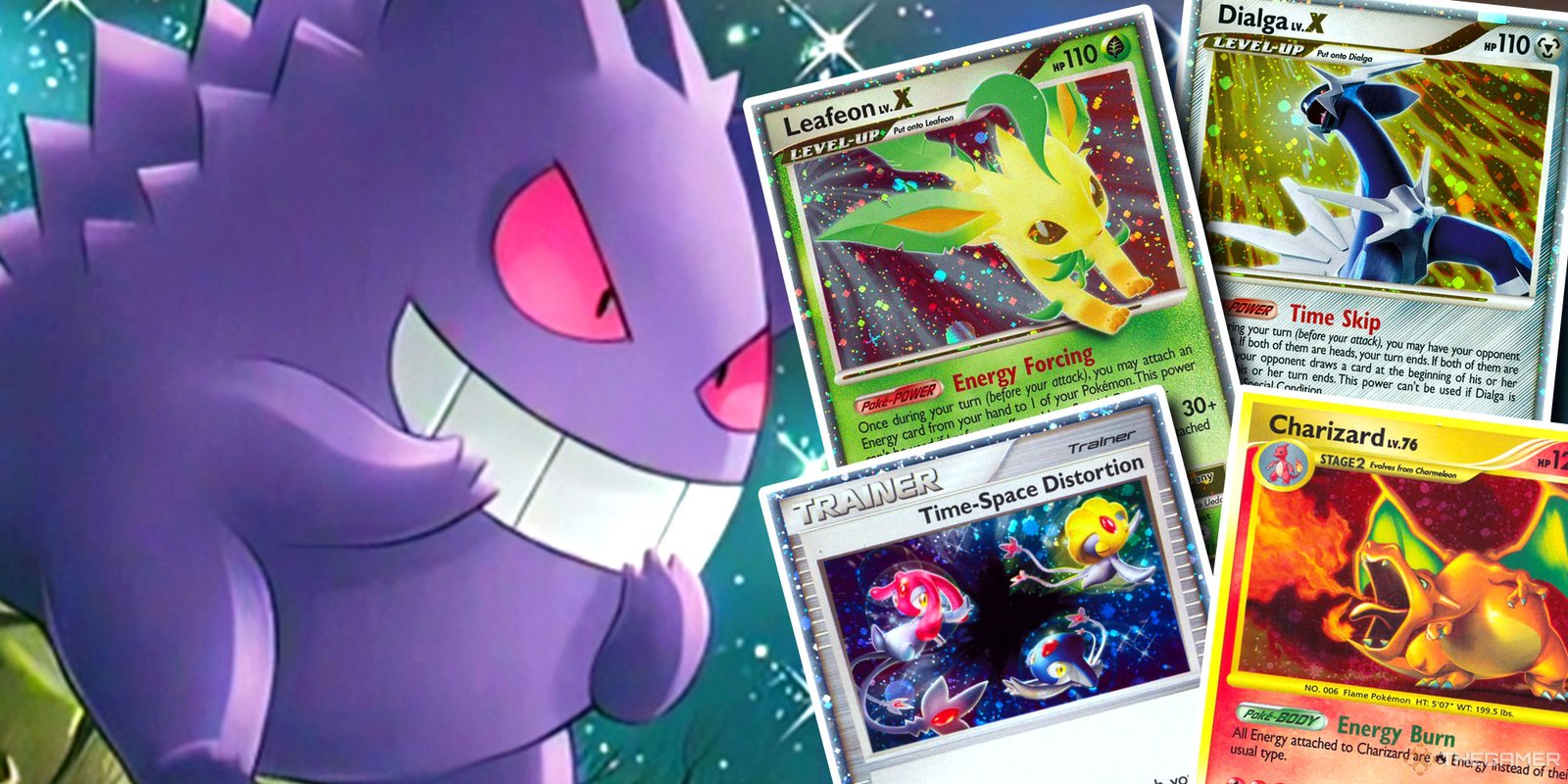 Best Pokemon That Aren't Legendaries 18 Gengar laughing next to cards of Leafeon Lvl X, Time Space Distortion, Charizard, and Dialga Lvl in the Most Valuable Diamond & Pearl Era Booster Boxes from the Pokemon TCG.