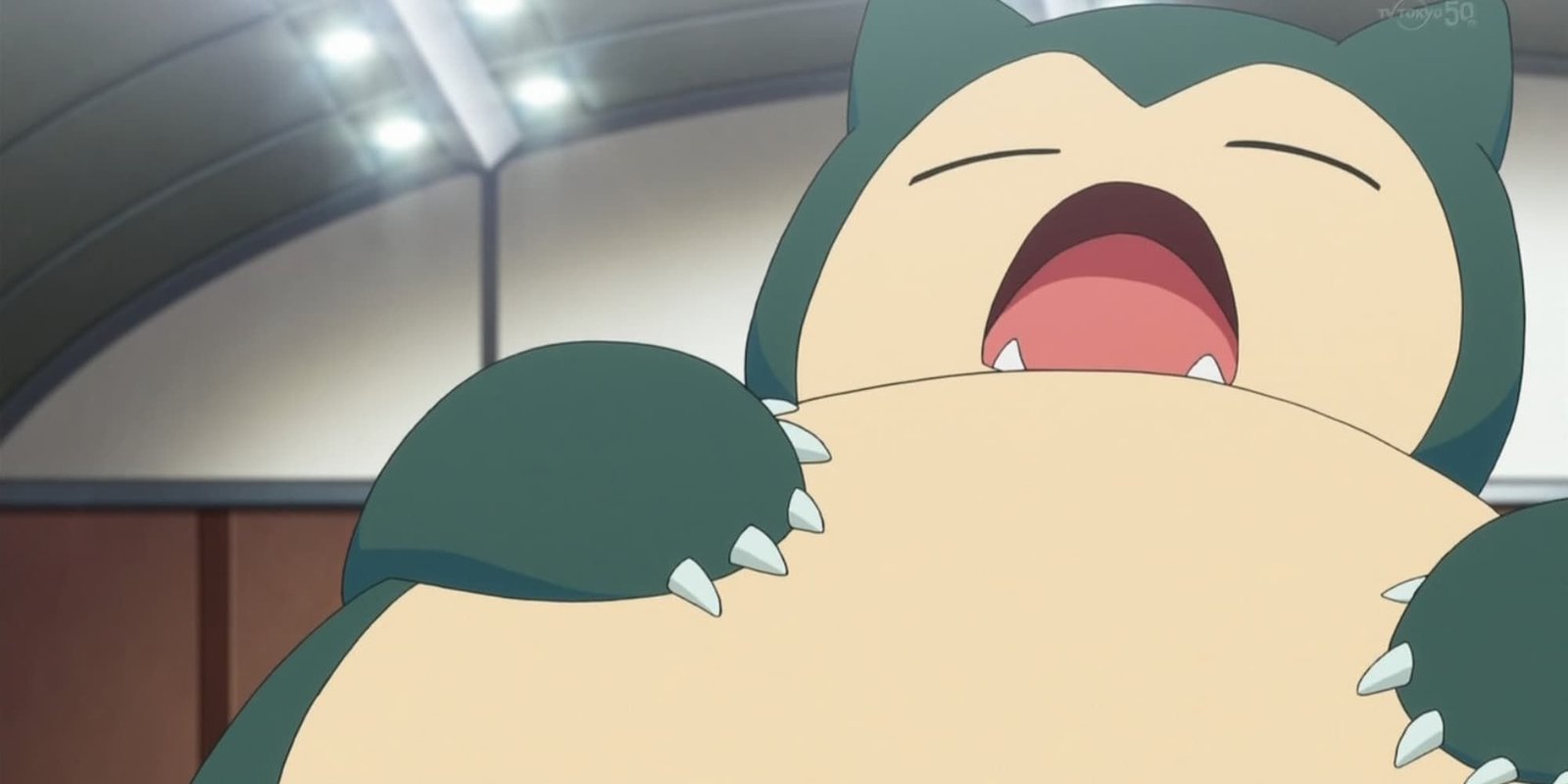 Snorlax holds its belly and yawns in the Pokemon anime.