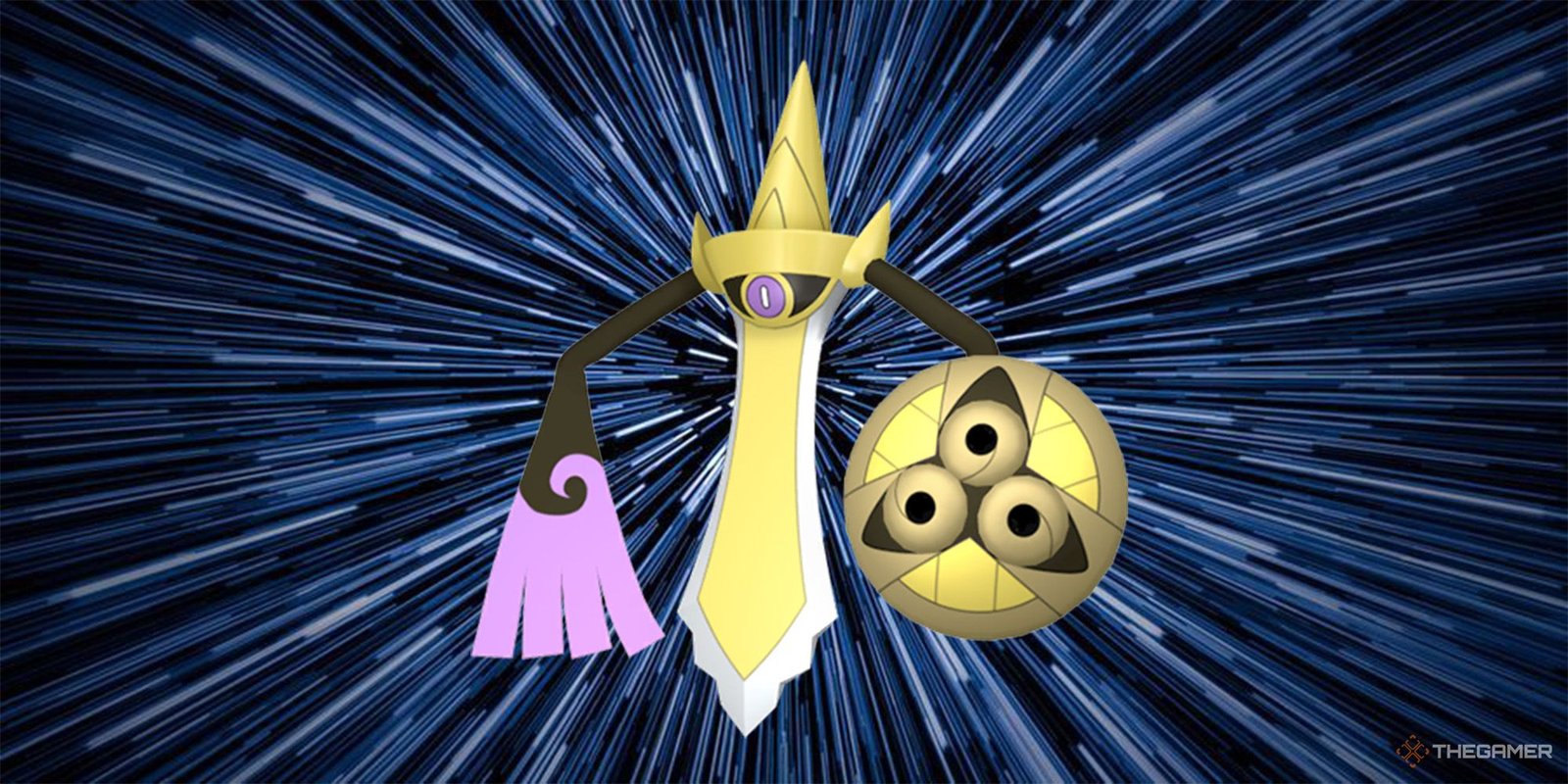 Aegislash with a warp background.