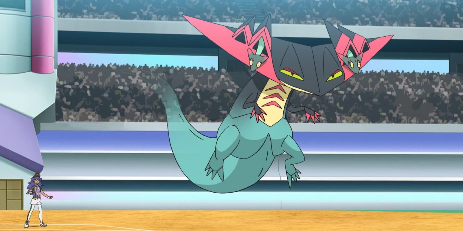 Leon's Dragapult readies itself for a battle in the Pokemon anime.