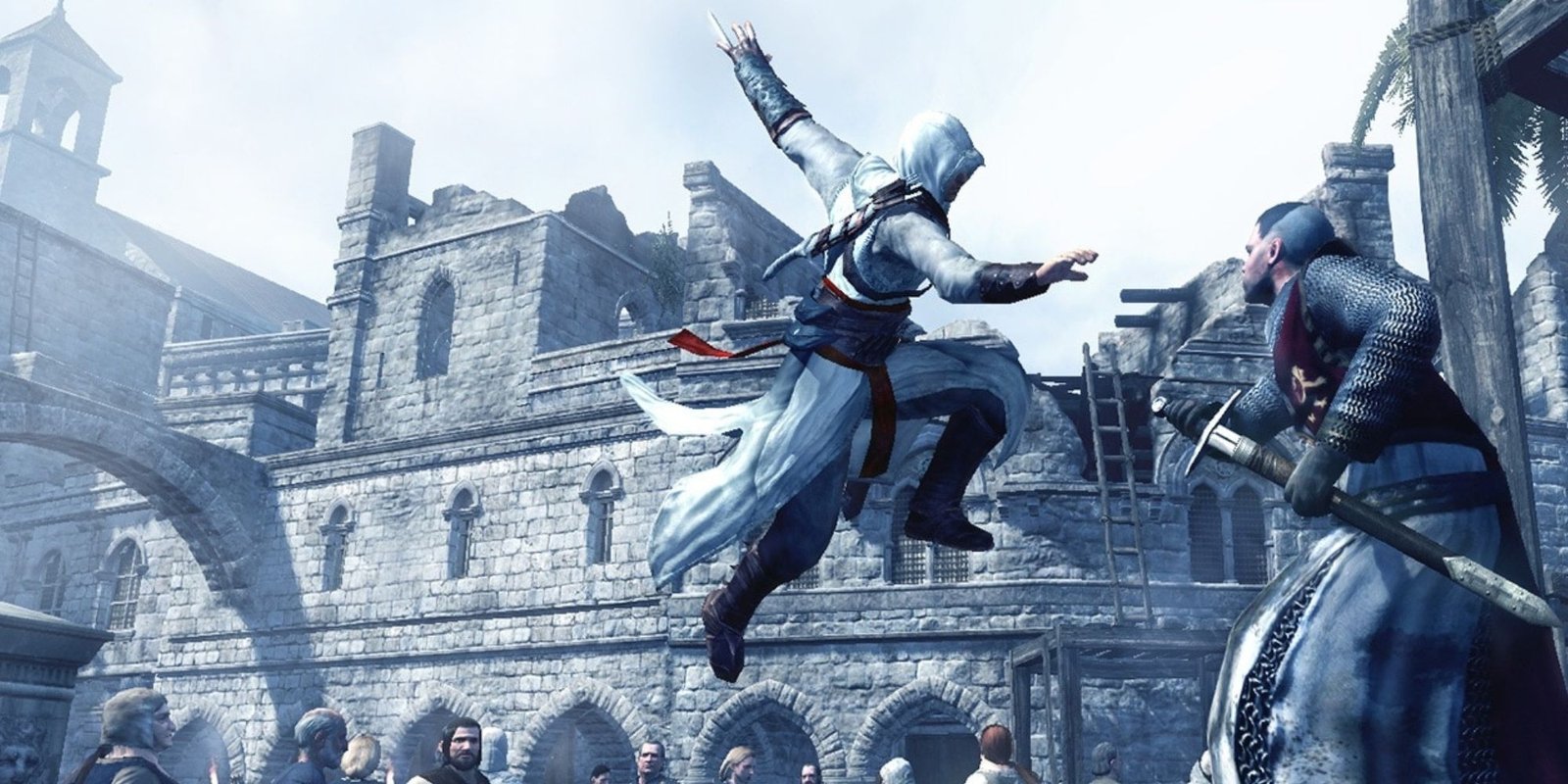 Altair leaping at a knight with his hidden blade drawn in front of a broken down building.