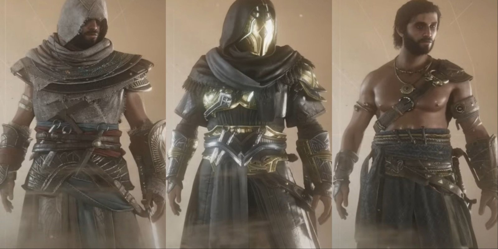 The File Size Of Every Assassin's Creed Game 10 Three-image collage of the Hidden Ones Outfit, Milad's Outfit, and the Sand Outfit from the selection menu in AC Mirage.