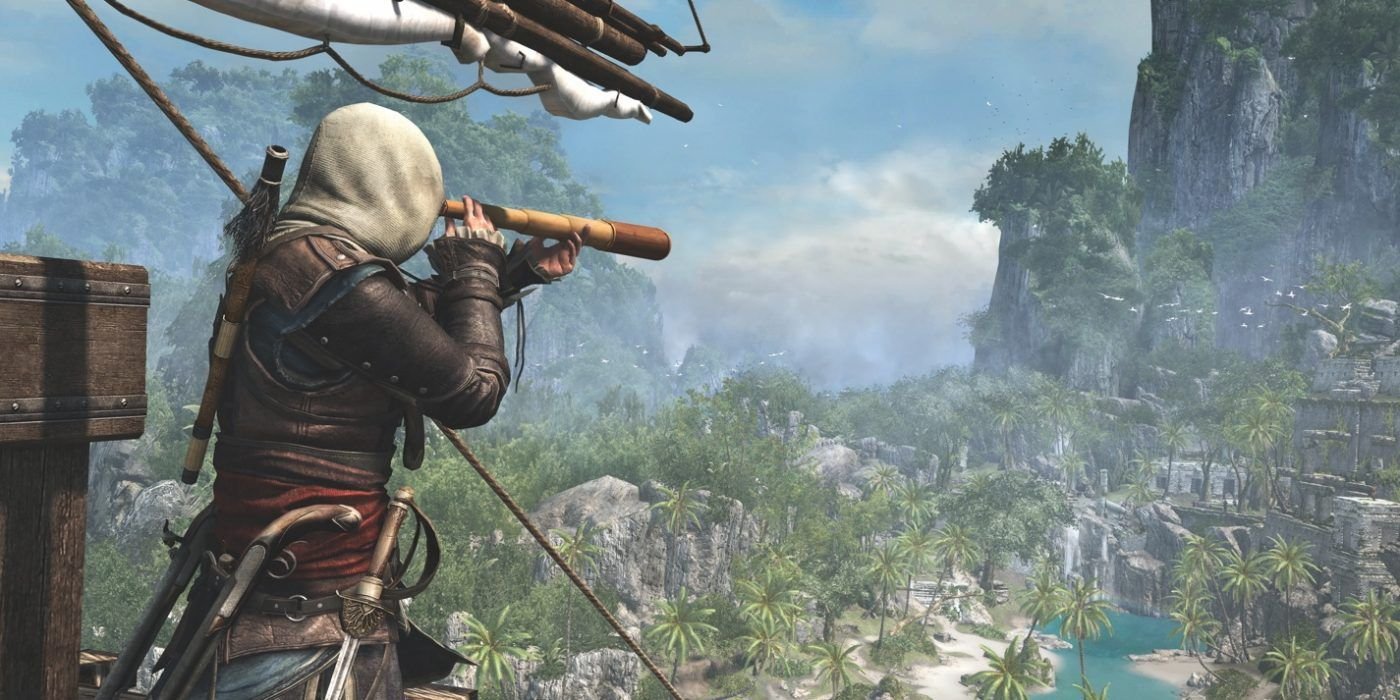 Assassins Creed 4 Black Flag Edward Kenway surveys land from the Jackdaw.