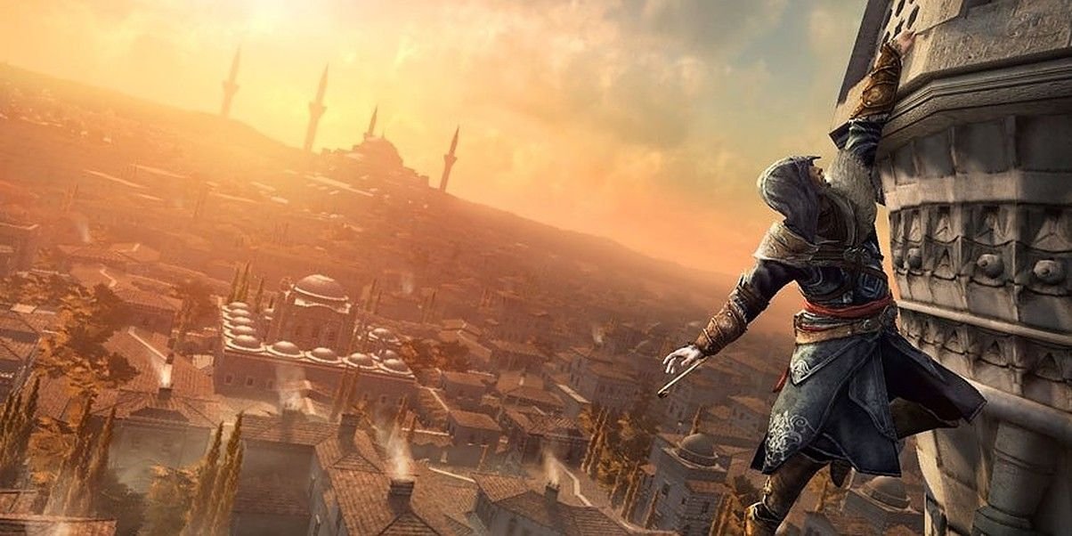 Assassin's Creed Revelations Screenshot Of Ezio Hanging Off Building Using Hook Blade.