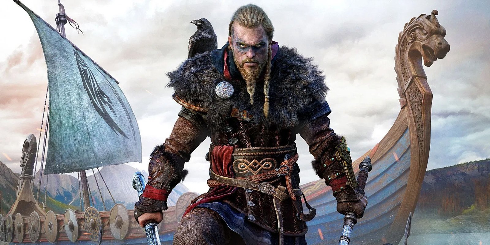 A man standing in front of a boat in Assassin's Creed Valhalla. 
