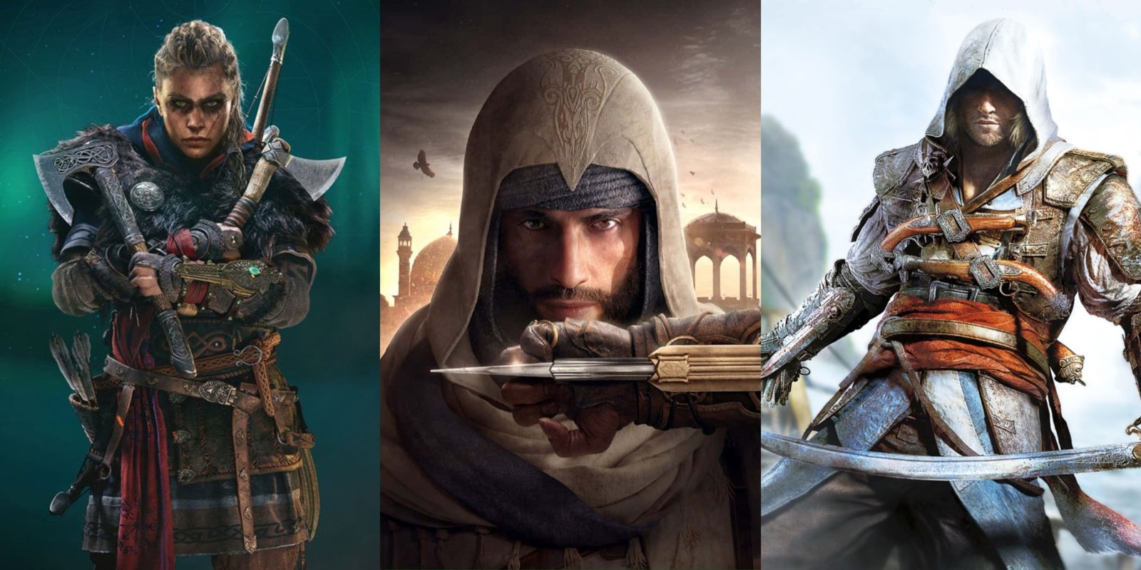 The File Size Of Every Assassin's Creed Game 18 Split image of Assassin's Creed Protagonists Eivor, Basim, and Edward Kenway