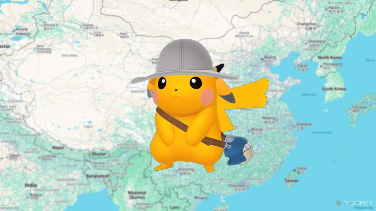 I Watched My Friend Open A Pokemon TCG Pocket God Pack 5 shiny Pikachu wearing an explorer hat over a map of China