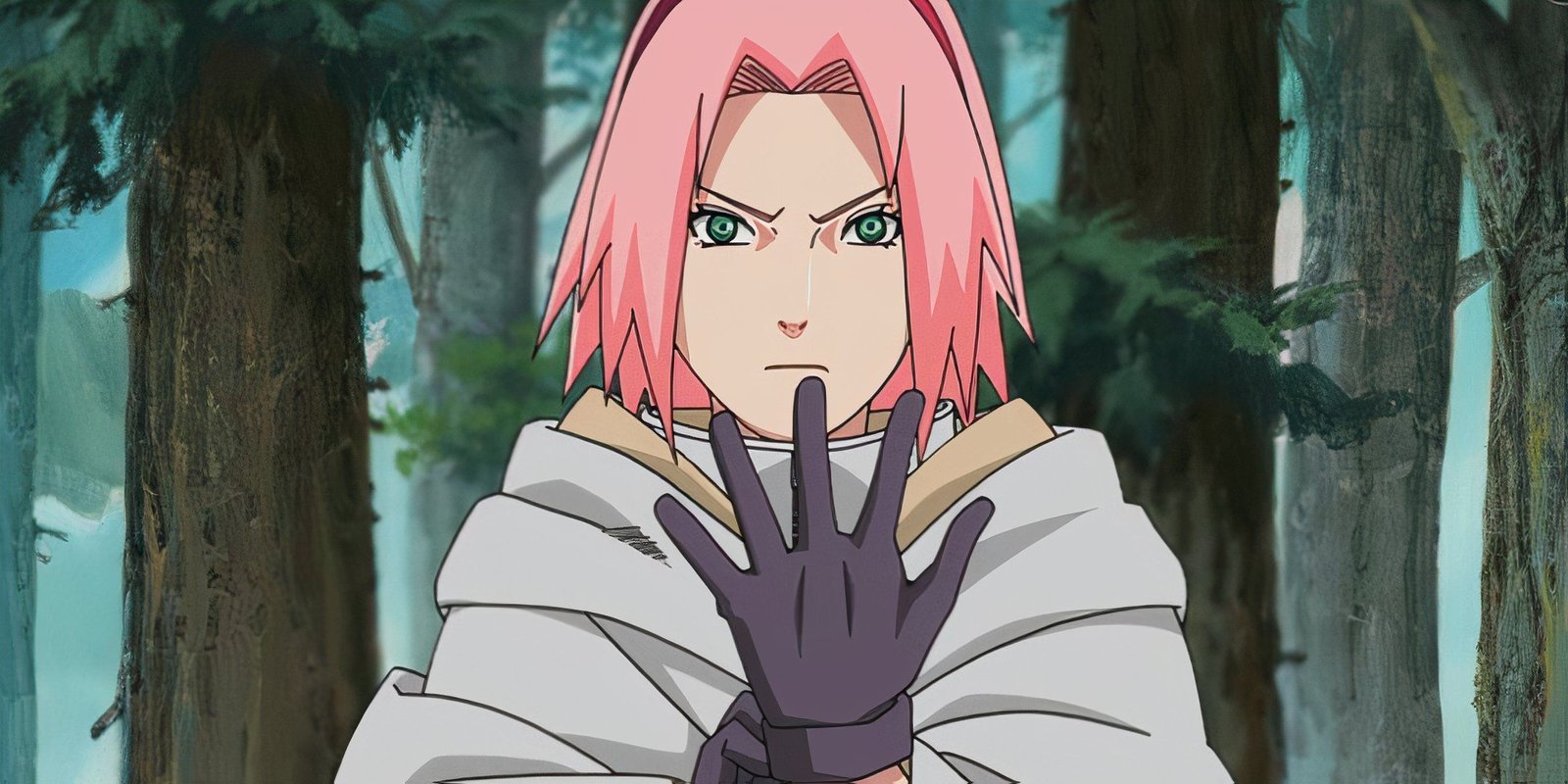 Sakura from Naruto wearing her glove with a serious expression.