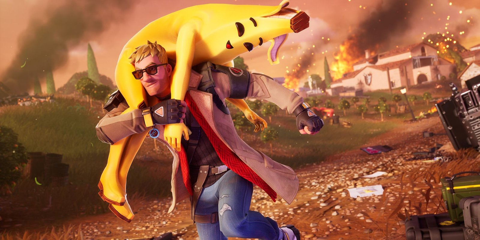 Jonesy carrying Peely in Fortnite.