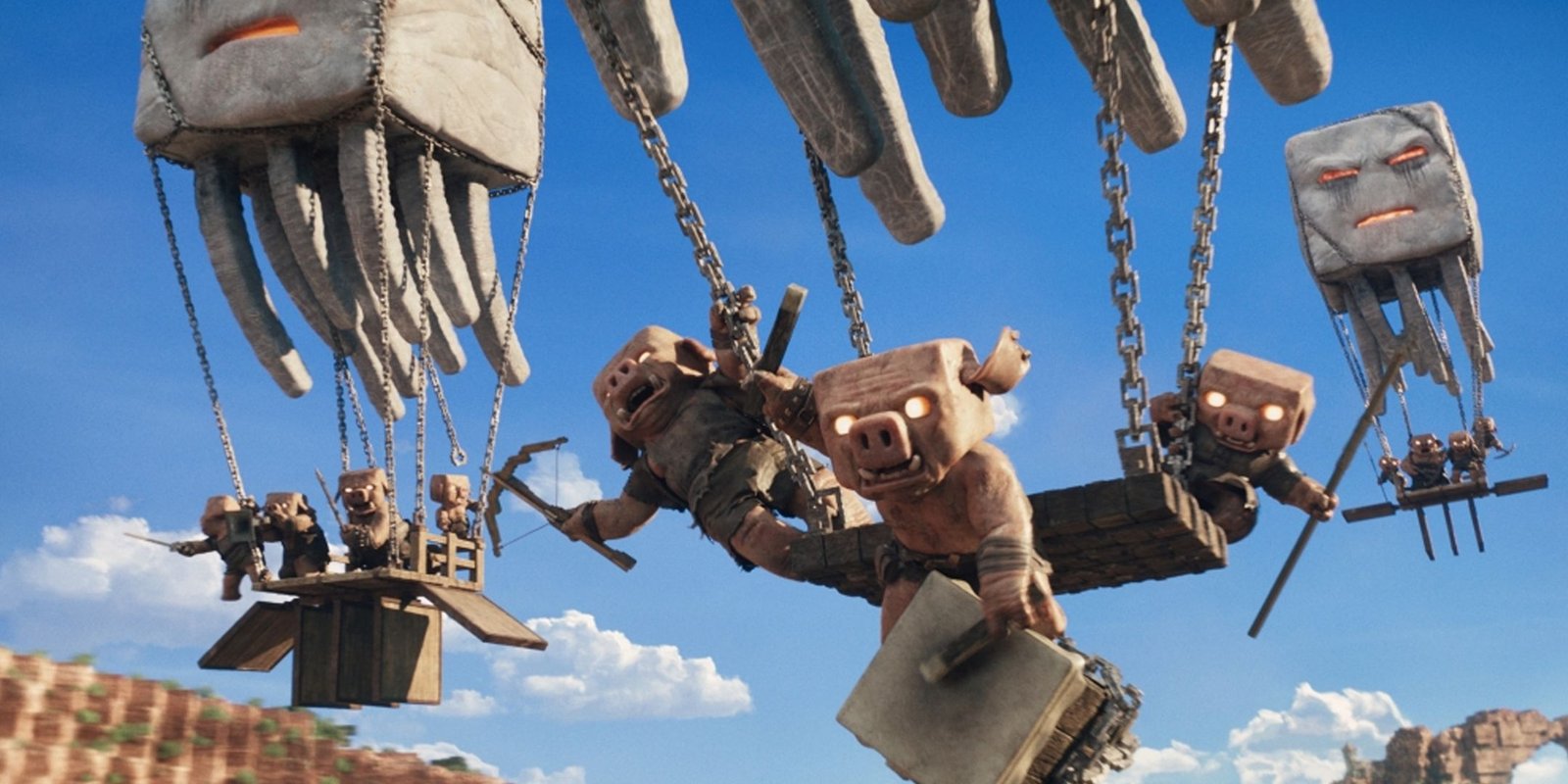 A Minecraft Movie screengrab of Hoglins flying into war on platforms chained to Ghasts.