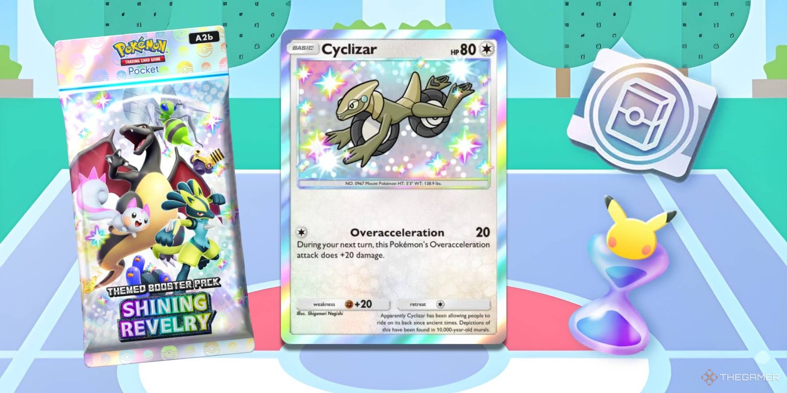 Pawmot Drop Event Guide For Pokemon TCG Pocket 12 Rewards from the ex Starter Deck Missions event: a Shining Revelry pack, the shiny Cyclizar promo, a Deck Ticket, and a Pack Hourglass.